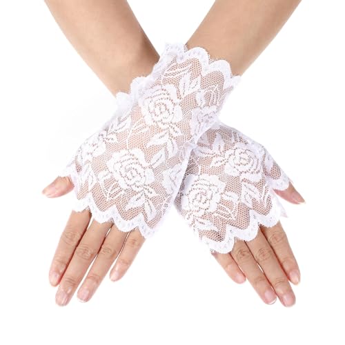 Yolev Fingerlose Handschuhe Damen Spitzenhandschuhe Weiß Opernhandschuhe Elegant Kurz Spitzenhandschuhe für Halloween Karneval Teepartys Abschlussbälle, Hochzeiten, Abendessen Cosplay(Weiß) von Yolev