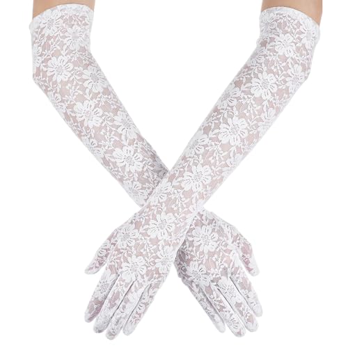 Yolev Hochzeit Spitzenhandschuhe Damen Florales Braut Hochzeit Handschuhe Elegante Netzhandschuhe Blumen Ellenbogenlänge Fäustlinge Lace Gloves Fingerhandschuhe für Teeparty Cosplay (Weiß) von Yolev