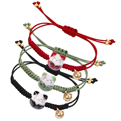 Yolev Glückskatzen Armband - 3 Stück Kawaii Katze Keramikperlen Armband Verstellbares Glücksarmband Geflochtenes Freundschaftsarmband für Männer, Frauen & Mädchen von Yolev