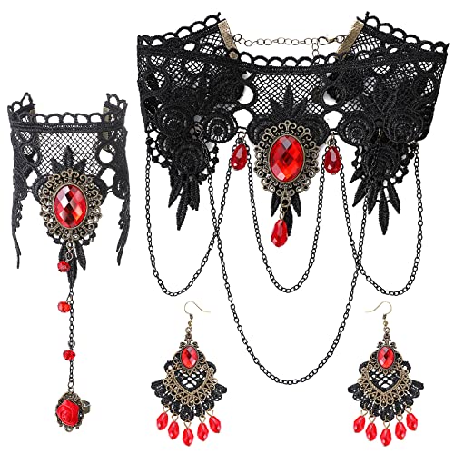 Yolev Gothic Schmuck Halskette Schwarze Spitze Choker Kette Spitzenarmband Tropfenohrringe für Kostümparty Mexican Gothic Kleidung Damen Steampunk Accessoires Choker Halsband von Yolev