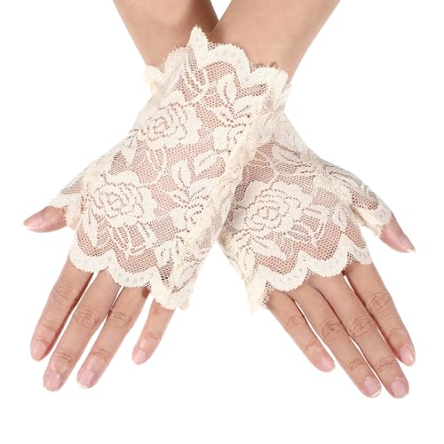 Yolev Kurze Fingerlose Spitzenhandschuhe Dame Weiß Opernhandschuhe Elegant Handschuhe Fingerlos für Halloween Karneval Teepartys Abschlussbälle, Hochzeiten, Abendessen Cosplay(Beige) von Yolev