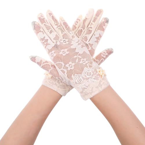 Yolev Spitzenhandschuhe Kurze Handschuhe Brauthandschuhe Handgelenklänge Blumenhandschuhe mit Schleife für Teeparty Braut Hochzeit Opernball Halloween Cosplay Prom Abend von Yolev