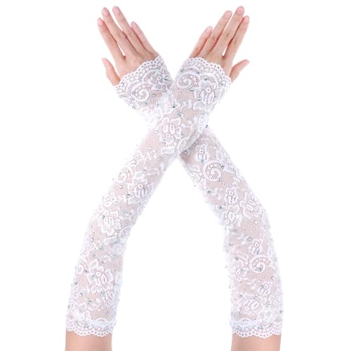 Yolev Lange Fingerlose Spitzenhandschuhe mit Strass Weiß Damen Handschuhe Spitze Lang Formelle Spitzenärmel Braut Hochzeitshandschuhe Teeparty Opernhandschuhe Halloween Karneval Maskerade von Yolev
