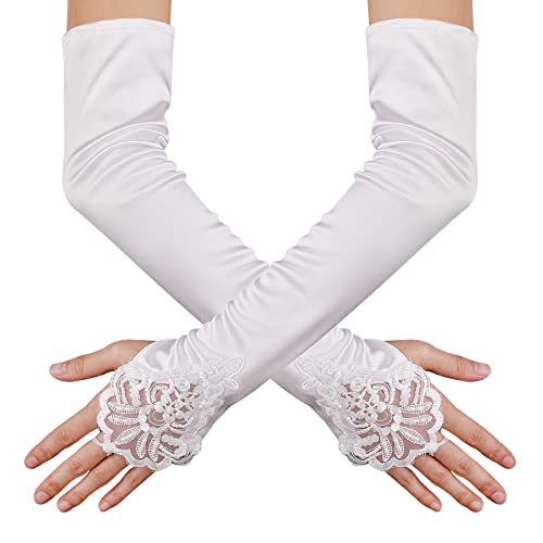 Yolev Lange Handschuhe Damen Spitzen Opernhandschuhe Weißer Satin Hochzeit Brauthandschuhe Tanzhandschuhe Party Stretch Handschuhe Ausgefallene Weihnachten Halloween Handschuhe der 1920er Jahre von Yolev