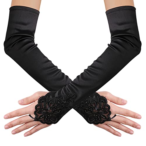 Yolev Lange Handschuhe Schwarz Damen Opernhandschuhe Spitze Satin Hochzeit Braut schwarze Fingerlose Handschuhe Tanzhandschuhe Party Stretch Ausgefallene Weihnachten Halloween Handschuhe 1920er Jahre von Yolev