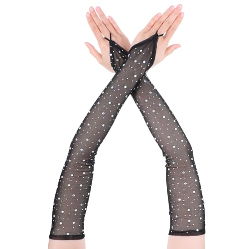 Yolev Lange Handschuhe Schwarz Strass Fingerlose Brauthandschuhe Damen Opern Tüll Damenhandschuhe Party Kostüme 20er Jahre Accessoires Halloween Hochzeit Glitzernde Handschuhe von Yolev