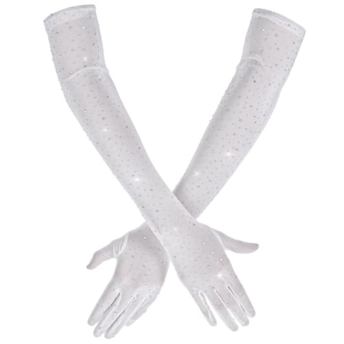 Yolev Lange Handschuhe Weiß Strass Tüll Netzhandschuhe Weiß Kostüm Teeparty Zubehör Damen Ellbogenlänge Netz Armstulpen Opernbraut Karneval Halloween Party Glitzernde Tüll Handschuhe von Yolev