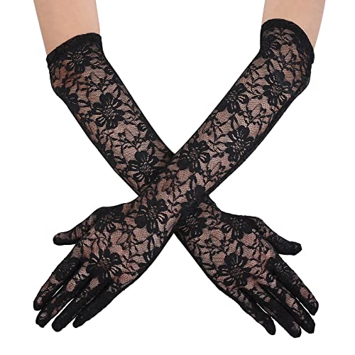 Yolev Lange Spitzen Handschuhe für die Braut Vintage Spitze Hochzeit Opern Gloves für Damen Kleidungs Zubehör (Schwarz) von Yolev