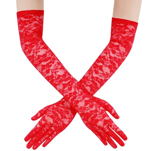 Yolev Lange Spitzenhandschuhe Rot Damen Opern Handschuhe Lange für 80er Jahre Damen Teeparty Blumenballhände für Hochzeit Braut Cosplay Halloween Handschuhe der 1920er Jahre von Yolev