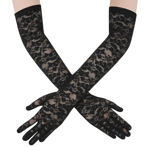 Yolev Lange Spitzenhandschuhe Schwarz Opern Handschuhe für 80er Jahre Damen Teeparty Blumenballhände für Brauthandschuhe Hochzeit Braut Cosplay Halloween Handschuhe der 1920er Jahre von Yolev