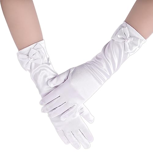 Yolev Mädchen Hochzeit Handschuhe für Blumenmädchen Weiße Satin Kleider Handschuhe Lange Formelle Schleife Handschuhe für Erstkommunion Geburtstag Festzug Urlaub Maskerade von Yolev