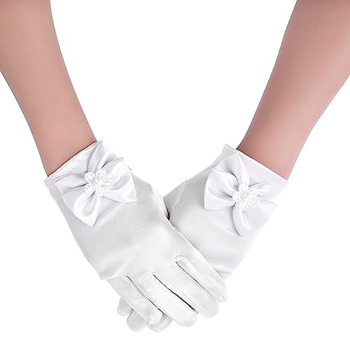 Yolev Mädchen Weiße Hochzeit Handschuhe Blumenmädchen Satin Kleider Handschuhe Kurze Formelle Schleife Handschuhe für Erstkommunion Geburtstag Festzug Urlaub Maskerade von Yolev