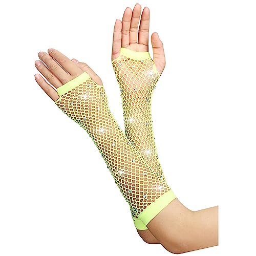 Yolev Netzhandschuhe Gelb Lange Fischnetz Fingerlose Handschuhe Netzhandschuhe für Damen mit Strass Fishnet Glänzende Modische Opernhandschuhe für 80er Jahre Kostümparty Halloween Cosplay Zubehör von Yolev