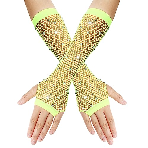 Yolev Netzhandschuhe Gelb Lange Fischnetz Fingerlose Handschuhe Netzhandschuhe für Damen mit Strass Fishnet Glänzende Modische Opernhandschuhe für 80er Jahre Kostümparty Halloween Cosplay Zubehör von Yolev