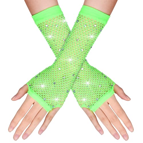 Yolev Netzhandschuhe Grün Lange Fischnetz Fingerlose Handschuhe Netzhandschuhe für Damen mit Strass Fishnet Glänzende Modische Opernhandschuhe für 80er Jahre Kostümparty Halloween Cosplay Zubehör von Yolev