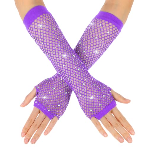 Yolev Netzhandschuhe Lila Lange Fischnetz Fingerlose Handschuhe Netzhandschuhe für Damen mit Strass Fishnet Glänzende Modische Opernhandschuhe für 80er Jahre Kostümparty Halloween Cosplay Weihnachten von Yolev