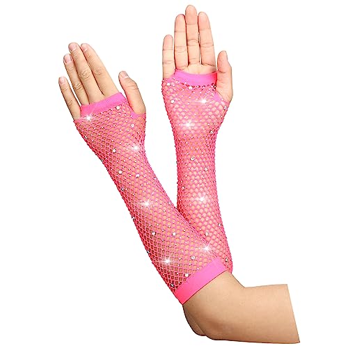 Yolev Netzhandschuhe Rose Lange Fischnetz Fingerlose Handschuhe Netzhandschuhe für Damen mit Strass Fishnet Glänzende Modische Opernhandschuhe für 80er Jahre Kostümparty Halloween Cosplay Zubehör von Yolev