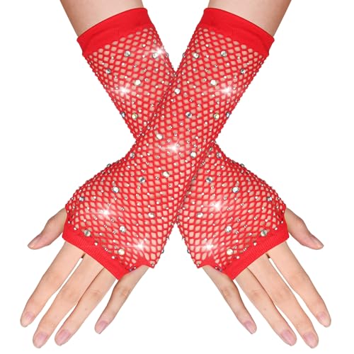 Yolev Netzhandschuhe Rot Lange Fischnetz Fingerlose Handschuhe Netzhandschuhe für Damen mit Strass Fishnet Glänzende Modische Opernhandschuhe für 80er Jahre Kostümparty Halloween Cosplay Zubehör von Yolev