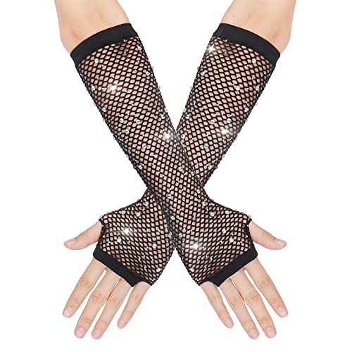 Yolev Netzhandschuhe Schwarz Lange Fischnetz Fingerlose Handschuhe Netzhandschuhe für Damen mit Strass Fishnet Glänzende Modische Opernhandschuhe für 80er Jahre Kostümparty Halloween Cosplay Zubehör von Yolev