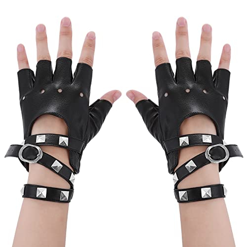 Yolev Punk Leder Handschuhe Radfahren Fingerlose Handschuhe Nieten Design Rock Handschuhe Damen Mädchen Teens Halloween Kostüm Zubehör von Yolev