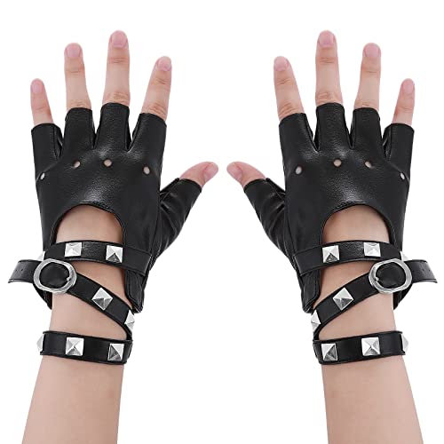 Yolev Punk Leder Handschuhe Radfahren Fingerlose Handschuhe Nieten Design Rock Handschuhe Damen Mädchen Teens Halloween Kostüm Zubehör von Yolev