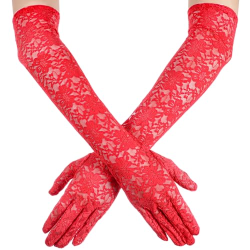 Yolev Rot Brauthandschuhe Hochzeit Spitzenhandschuhe Damen Blumen Hochzeit Handschuhe Elegante Braut Netzhandschuhe Ellenbogenlänge Fäustlinge Lace Gloves für Teeparty Cosplay (Rot) von Yolev