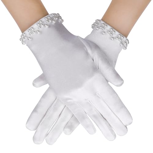 Yolev Satin Handschuhe Damen Elegant Kurze Perl Weiß Handschuhe Hochzeit Brauthandschuhe Abschlussball Hochzeit 1920er Jahre Oper Halloween Teeparty Cosplay Elegante Maskerade von Yolev