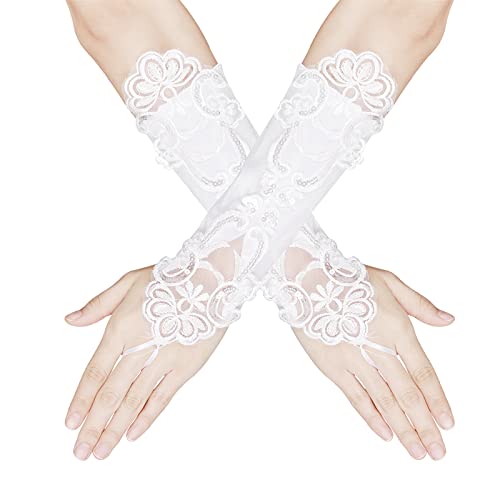 Yolev Satin Spitzen Handschuhe Abgeschnittene Fingerlose Handschuhe 1920er Vintage Opern Handschuhe für Damen Braut Hochzeit Gala Party (Weiß) von Yolev