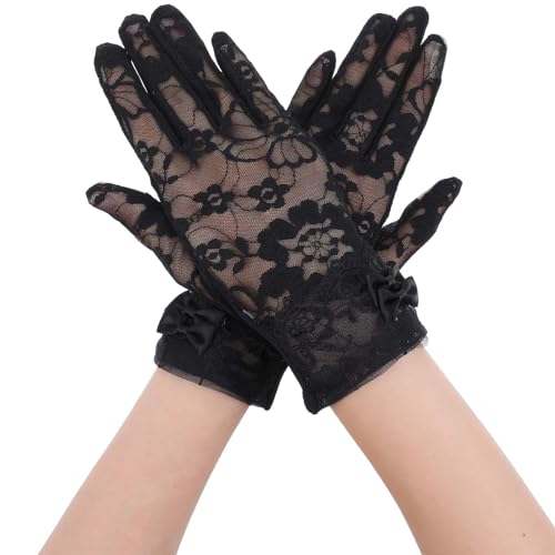 Yolev Hochzeitshandschuhe Schwarze Handschuhe mit Spitzene Kurz Brauthandschuhe Handgelenklänge Blumenhandschuhe mit Schleife für Teeparty Braut Hochzeit Opernball Halloween Cosplay Prom Abend von Yolev
