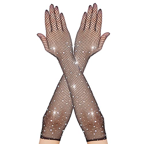 Yolev Schwarze Lange Netzhandschuhe für Damen Long Fishnet Gloves mit Funkelnden Schwarz Strass Mode Opernhandschuhen für 80er Kostümpartys Halloween Cosplay Zubehör von Yolev