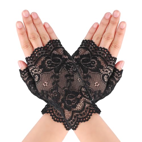Yolev Spitzen Handschuhe Damen Kurze Florale Braut Weiße Schwarz Fingerlose Handschuhe Hochzeit Brautjungfer Party Oper Halloween 80er Jahre Teeparty Handschuhe Abschlussball Maskerade von Yolev