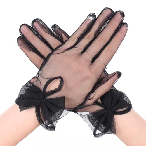 Yolev Spitzen Handschuhe Schwarz Schleife Tea Party Tüll Handschuh Braut Handschuhe Damen Elegant 80er Jahre Hochzeit Brautjungfer Abschlussball Abend Beerdigung Tanz Maskerade Ostern Halloween von Yolev