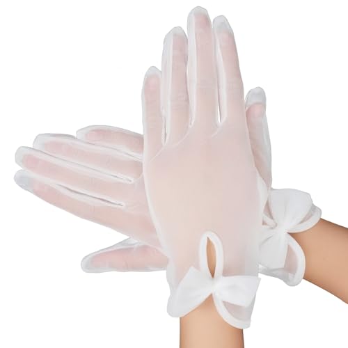 Yolev Spitzen Handschuhe Weiße Schleife Tea Party Tüll Handschuh Braut Handschuhe Damen Elegant 80er Jahre Hochzeit Brautjungfer Abschlussball Abend Beerdigung Tanz Maskerade Ostern Halloween von Yolev