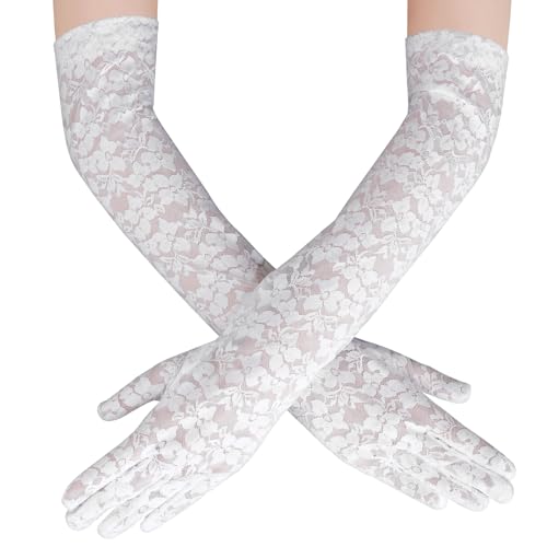 Yolev Spitzen handschuhe Weiß Lange Damen Opern Handschuhe Lange für 80er Jahre Damen Teeparty Blumenballhände für Hochzeit Braut Cosplay Halloween Handschuhe der 1920er Jahre von Yolev