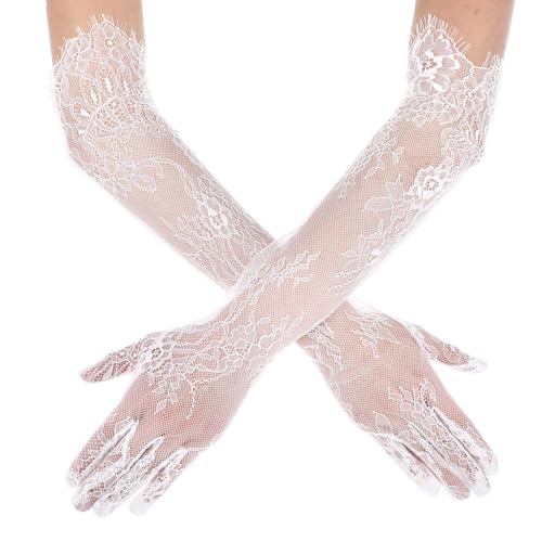 Yolev Lang Spitzenhandschuhe Brauthandschuhe Weiß Braut Fingerhandschuhe für Hochzeit Ellenbogen Blumen Spitzen Handschuhe für Teeparty Opernhandschuhe Halloween Karneval Maskerade von Yolev
