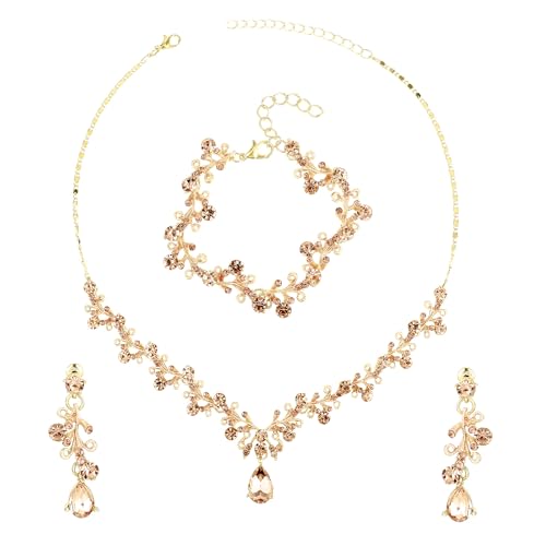 Yolev Strass Hochzeit Schmuckset Damen Brautschmuck Kristall Halskette Armband Ohrring Set Gold Braut Hochzeitsschmuck Brautjungfer Abschlussball Kostümzubehör Modeschmuck Set (Gold) von Yolev