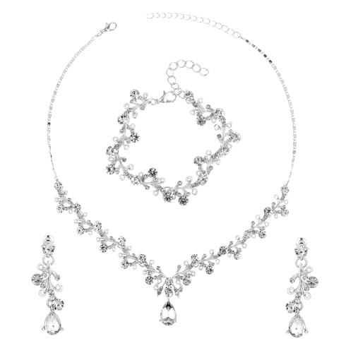 Yolev Strass Hochzeit Schmuckset Damen Brautschmuck Kristall Halskette Armband Ohrring Set Silber Braut Hochzeitsschmuck Brautjungfer Abschlussball Kostümzubehör Modeschmuck Set (Silber) von Yolev