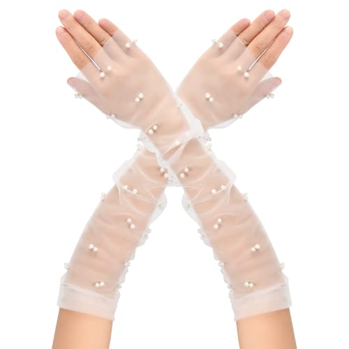 Yolev Netzhandschuhe Weiß Elsa Handschuhe Transparent Tüllhandschuhe Fingerlose Netzhandschuhe Brauthandschuhe Lang Damen Perlen Braut Spitzenhandschuhe für Hochzeit Teeparty von Yolev