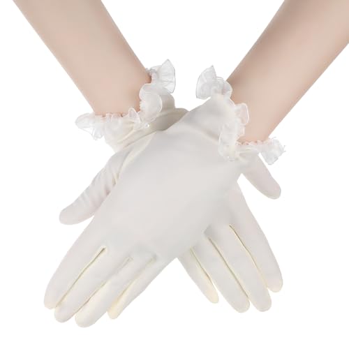 Yolev Hochzeit Brauthandschuhe Weiß Satinhandschuhe Damen Elegant Kurze Handschuhe Stretch Spitzenbesatz Perlen Tanzhandschuhe Retro 1920er Jahre Perle Handschuhe für Hochzeit Bankett Opernparty von Yolev