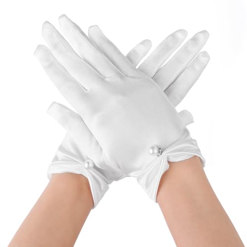 Yolev Weiße Handschuh Kurze Satin Handschuhe Damen Elegant Brauthandschuhe Blumenhandgelenk Spitzenhandschuhe Höflichkeits Sommer Hochzeits Oper Dinner Handschuhe von Yolev