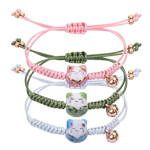 Yolev3 Stück Glückskatze Armband Katze Maneki Neko Armband Süße Lucky Cat Keramikperlenarmband Fortune String Keramikperlen Geflochtenes Armband Glücksbringerarmband mit Berstellbarer Glocke von Yolev