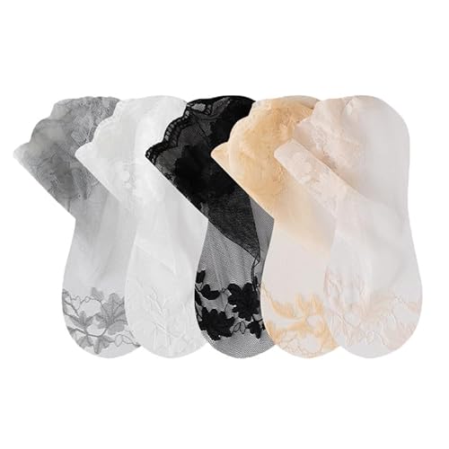 Yolhloy 10 Paar Rüschen Socken Damen Spitzen Socken Kurze Rutschfeste Baumwoll Sohle Nylon Socke Dünne Durchsichtige Socken Sommer Knöchel Socken Trachtensocken für Damen Mädchen von Yolhloy