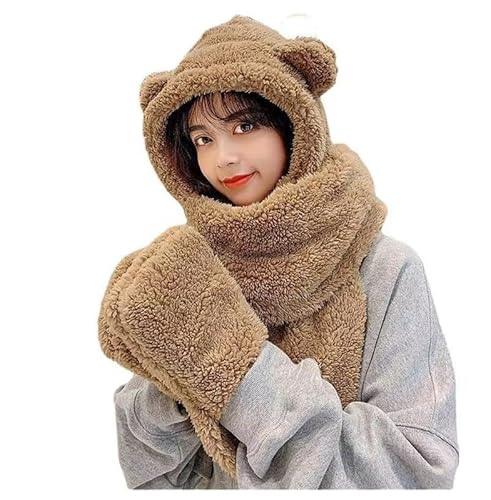 Yolhloy 3 In 1 Mütze Damen Winter Set, Warme Mütze Schal Handschuhe Set mit Fleecefutter, Dicke Plüsch Hut Set für Damen Mädchen von Yolhloy