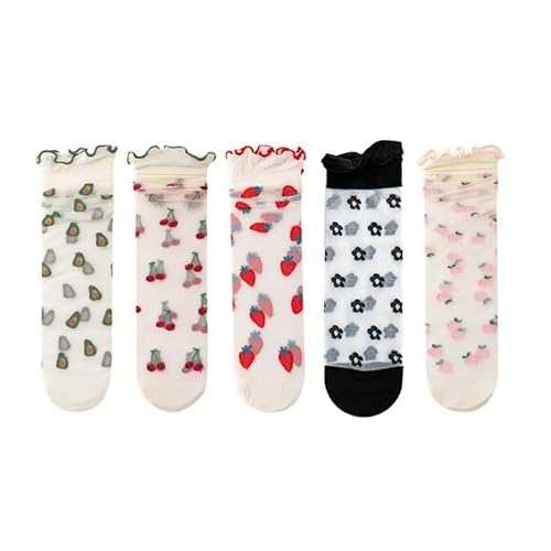 Yolhloy 5 Paar Blume Obst Mesh Socken Damen Transparente Dünne Spitze Stickerei Durchsichtige Sommer Knöchel Socken Glas Seide Socken für Frauen und Mädchen von Yolhloy