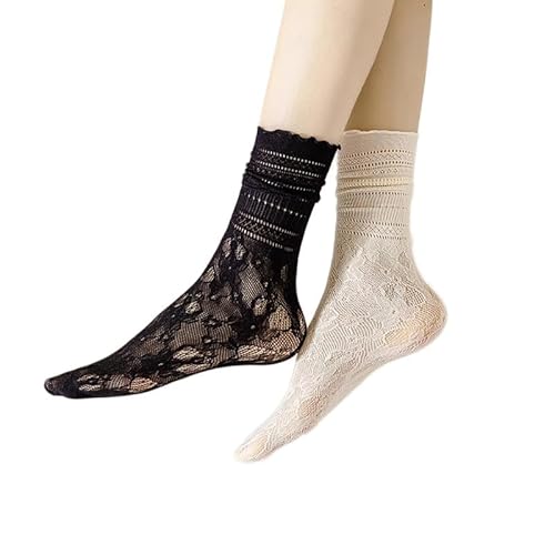 Yolhloy 5 Paar Damen Rüschen Socken Spitzen Ruffle, Baumwolle Knöchelsocken, Durchsichtig Dünne Nylon Prinzessin Socken Schwarz Weiße, Trachtensocken für Frauen Mädchen von Yolhloy