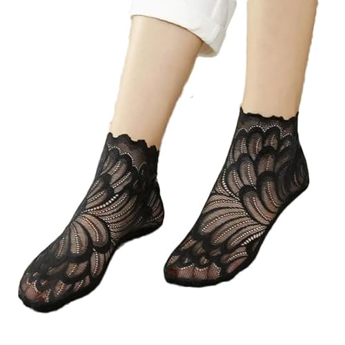Yolhloy 5 Paar Damen Spitzen Rüschen Socken, Durchsichtige Nylon Netzsocken Sommer Dünne Kurze Socken, Transparente Mesh Söckchen für Damen Mädchen von Yolhloy