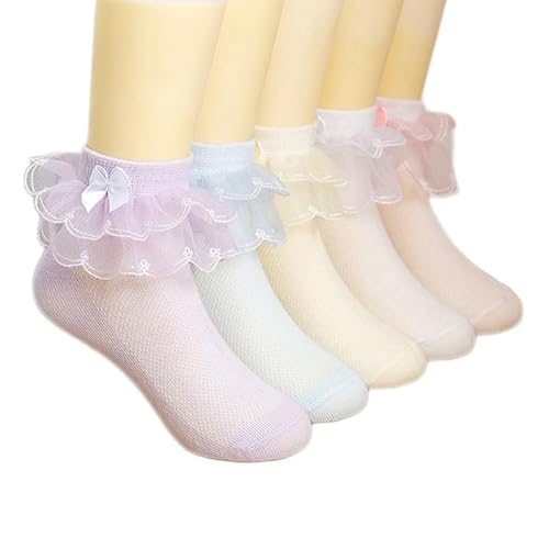Yolhloy 5 Paar Mädchen Rüschen Socken Spitzen Söckchen Weiße Taufe Prinzessin Socken Romantic Lace Bequeme Baumwoll Knöchel Socken für 1-15 Jahre Kinder Baby von Yolhloy