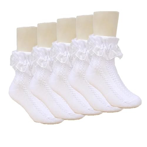 Yolhloy 5 Paar Mädchen Rüschen Socken Spitzen Söckchen Weiße Taufe Prinzessin Socken Romantic Lace Bequeme Baumwoll Knöchel Socken für 1-15 Jahre Kinder Baby von Yolhloy