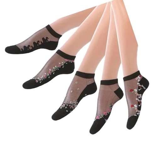 Yolhloy 5 Paar Söckchen Damen Durchsichtige Nylon Socken Dünne Sommer Transparente Feinstrümpfe Nylonstrümpfe Knöchelsocken Rüschen Baumwolle Sohle für Frauen Mädchen von Yolhloy