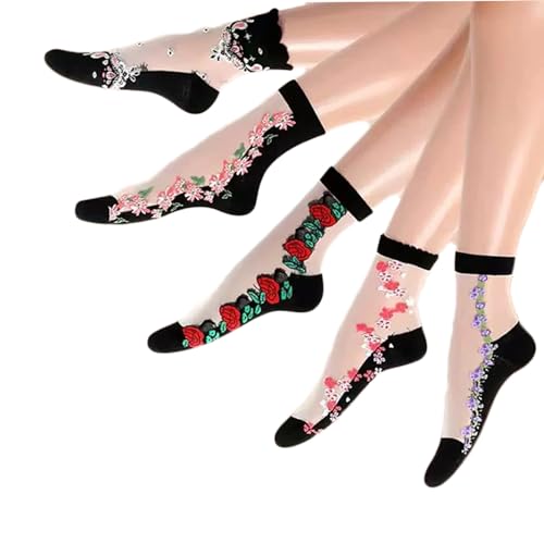 Yolhloy 5 Paar Söckchen Damen Durchsichtige Nylon Socken Dünne Sommer Transparente Feinstrümpfe Nylonstrümpfe Knöchelsocken Rüschen Baumwolle Sohle für Frauen Mädchen von Yolhloy